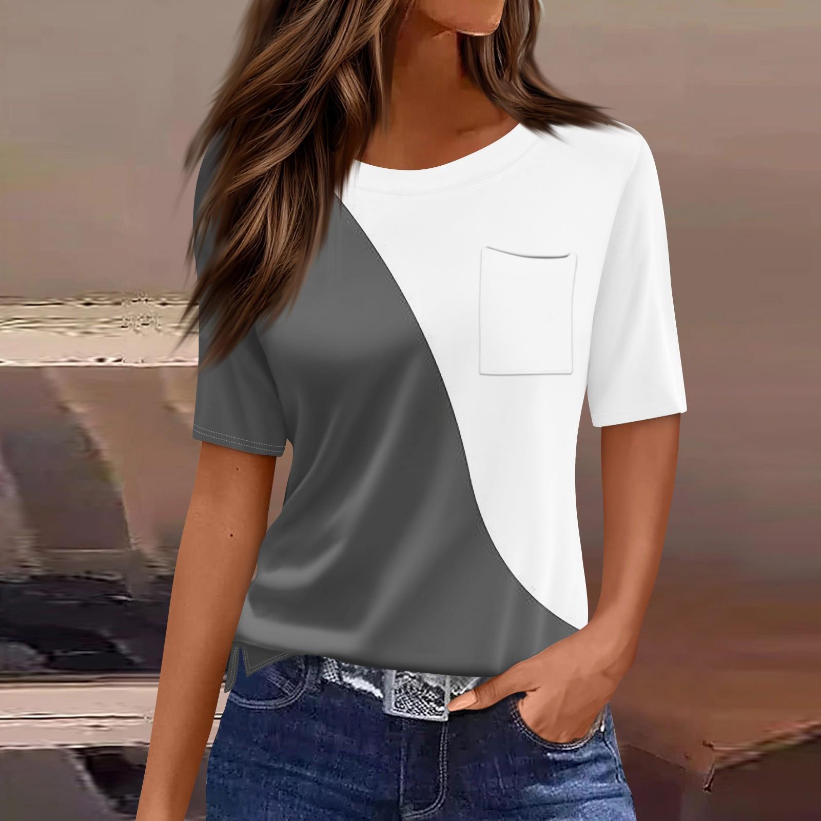 

Футболки для женщин, плиссированные, с круглым вырезом, нарядные, повседневные, блузки с принтом, с коротким рукавом, летние топы, свободный крой L