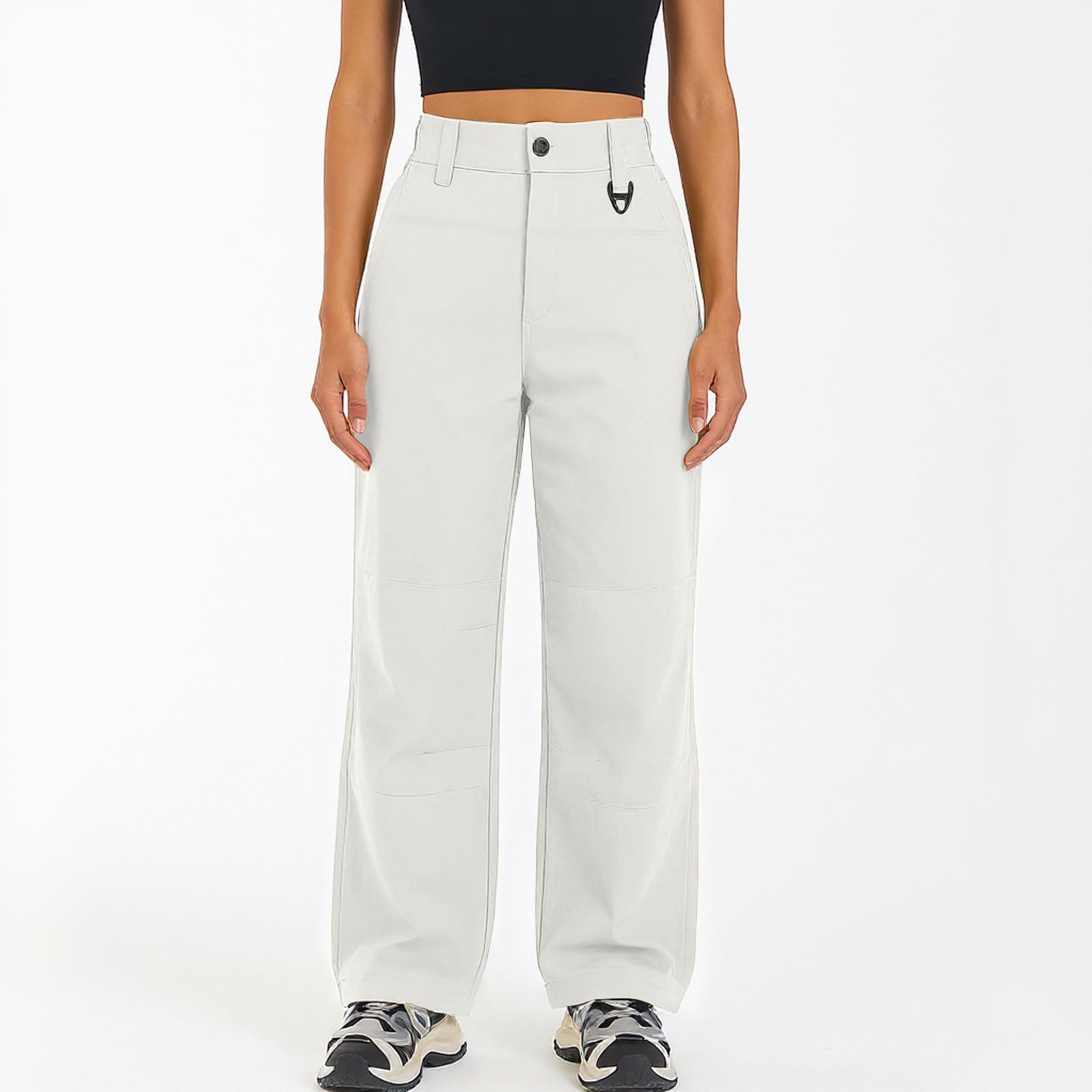 

Ladies Fashionable Solid Color Work Pants With High Waist Pockets And Elastic Waist Casual Pants S хаки