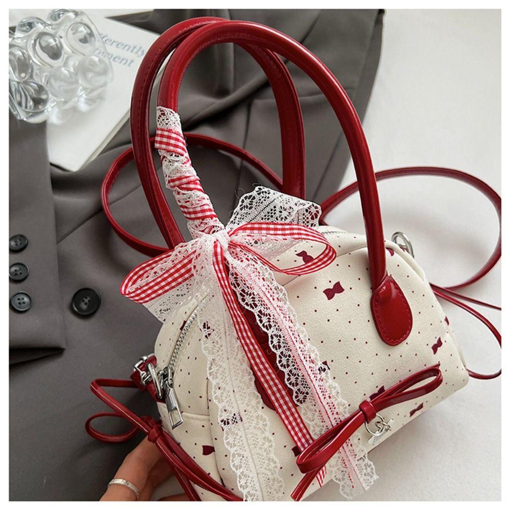 Lace Ribbon Boston Shoulder Bag French Style Women Handbags Fashion Bow Ribbons Bowling Bag  Travel