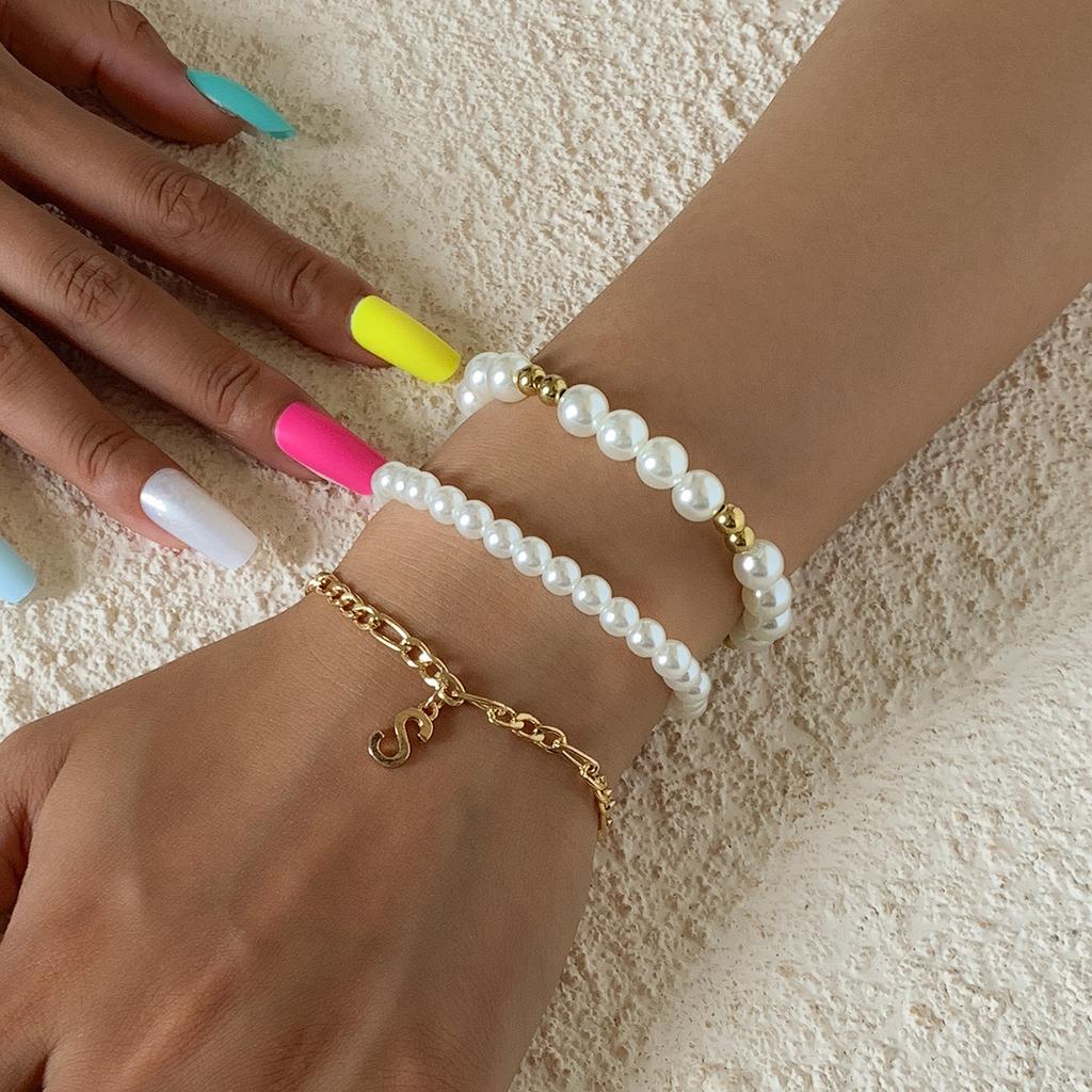 ins simple bow beaded bracelet set, versatile stacked pearl exaggerated multi-layer hand jewelry