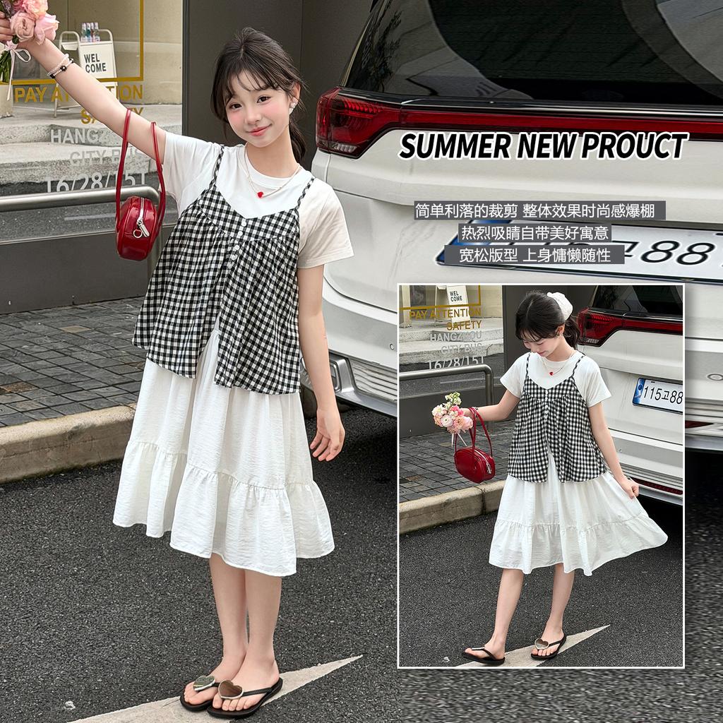 Girls' summer plaid camisole dress set, stylish children's short sleeved white casual mid length skirt