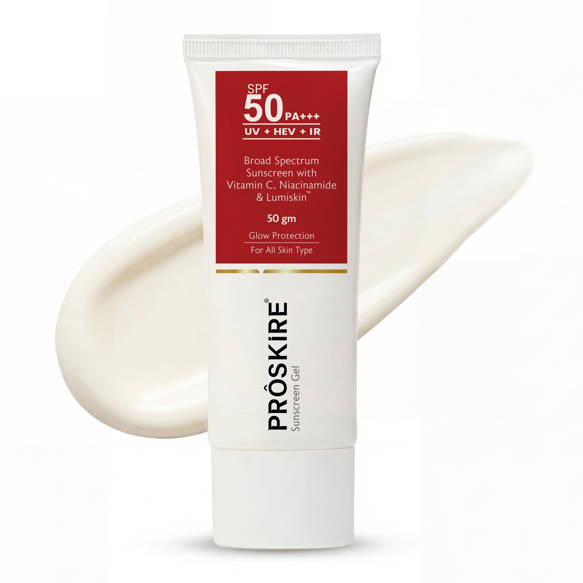 Proskire SPF 50 PA+++ Broad Spectrum Sunscreen Gel - Vitamin C, Niacinamide & Lumiskin - Lightweight, Non-Greasy, Gel-Formula for All Skin Types -