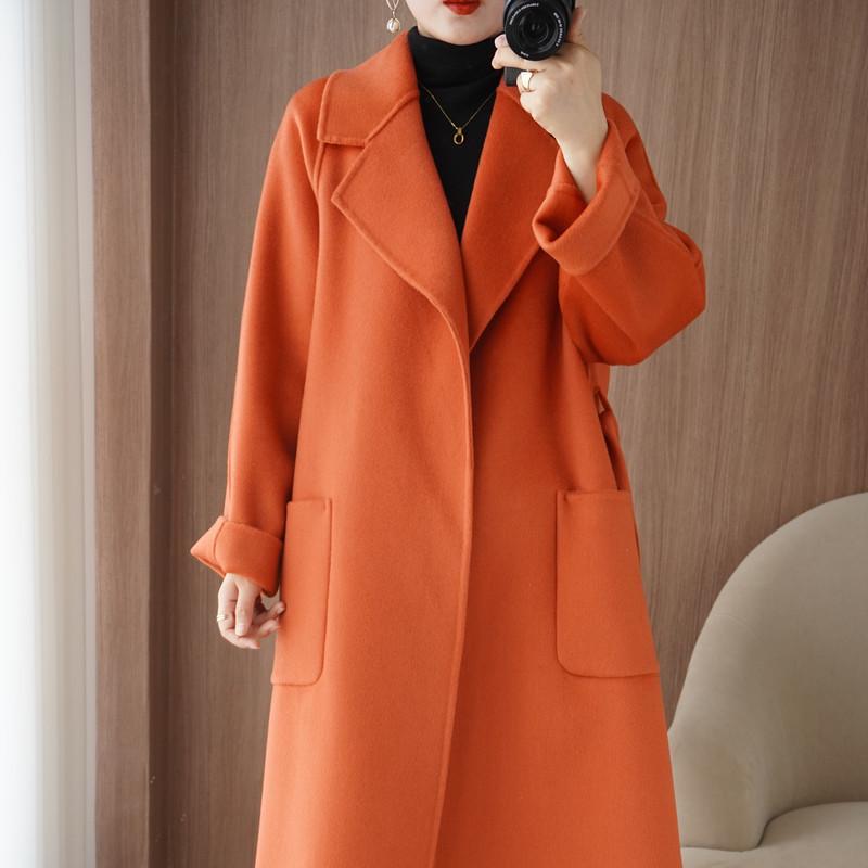 Damski płaszcz wełniany średniej długości dwustronny - 100% czysta wełna, luźny krój, pogrubiony na zimę