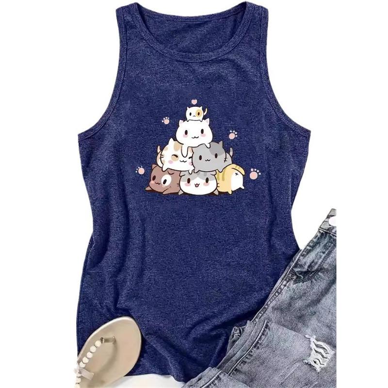 Cartoon-bedrucktes Rundhals-Damen-Tanktop Frühling und Sommer Lässiges ärmelloses Oberteil