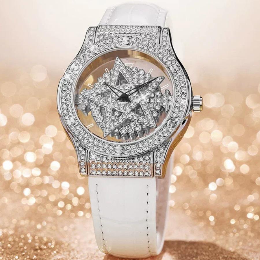 Damen Uhr Rad 360 ° Drehung Fünf Sterne Hohl Voll Strass Weiblich Uhr Uhren
