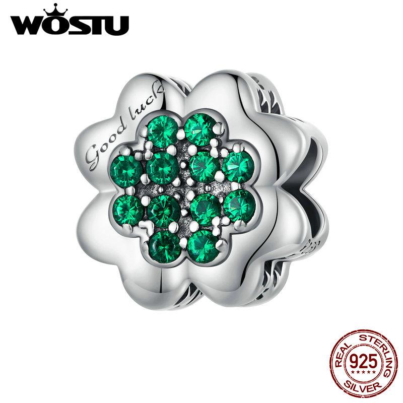 WOSTU 925 Sterling Silver Roses & Moon Dragonfly Charm Four-leaf Clover Beads for Women Girls Bracelet & Bangle DIY Jewelry