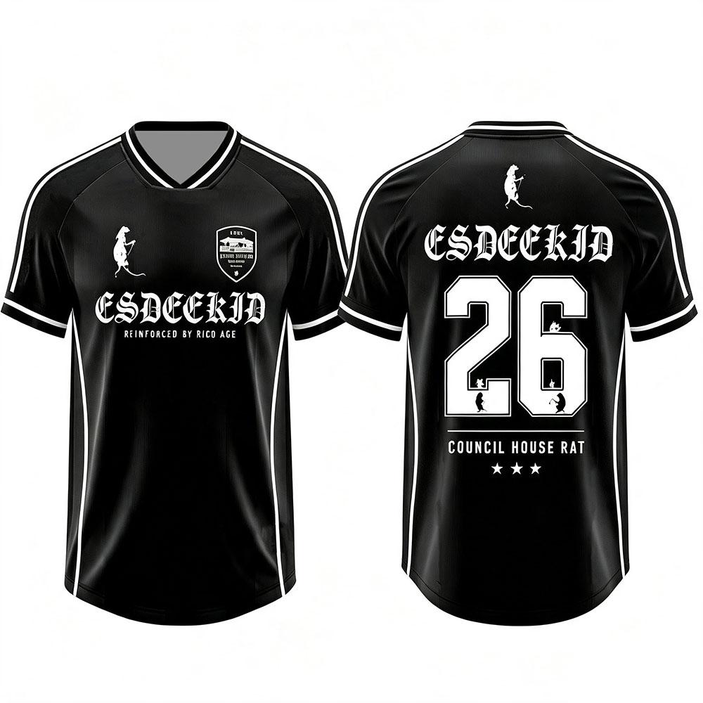 EsDeeKid COUNCIL HOUSE RAT Fußballtrikot V-Ausschnitt Kurzarm Sommer Locker Fußball T-Shirt Unisex Streetwear Design Print Shirt Oberteile