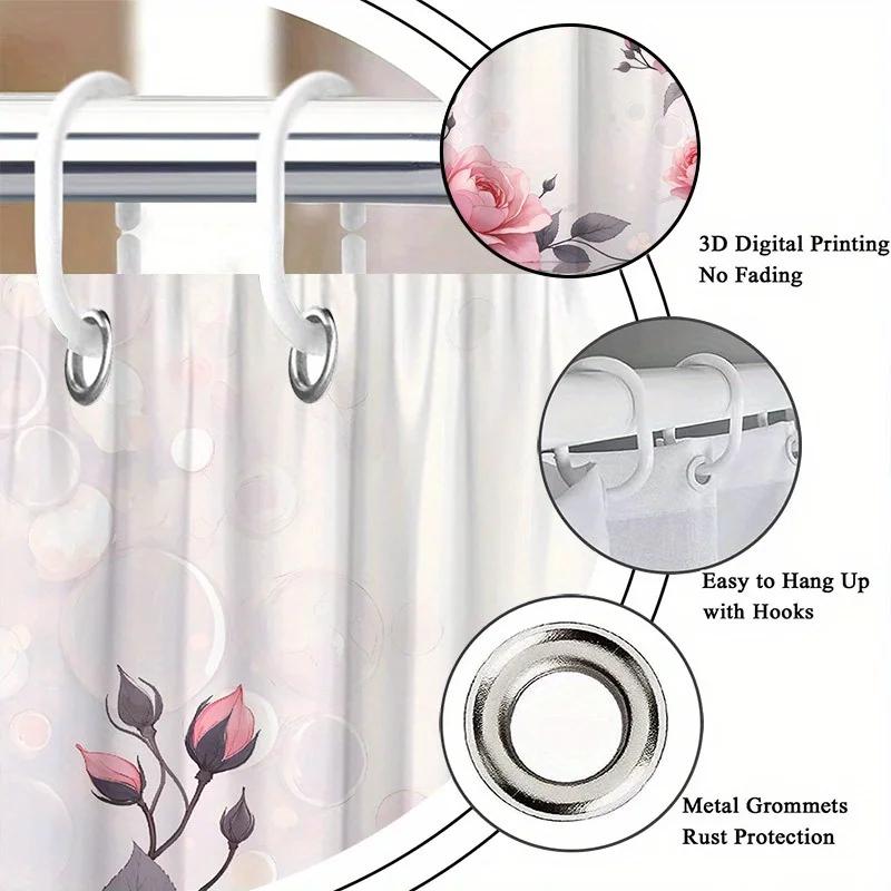 1Pc Rose Shower Curtain Pink Roses Black Vines Reflective Water Design Bathroom Decor With 12 Hooks 70.8X70.8Inch