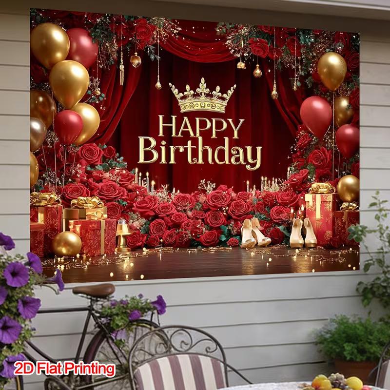 

2D Flat Red Gold Birthday Backdrop with Roses, Crown & Balloons for Aesthetic Party 47.2x31.5inch/120*80cm