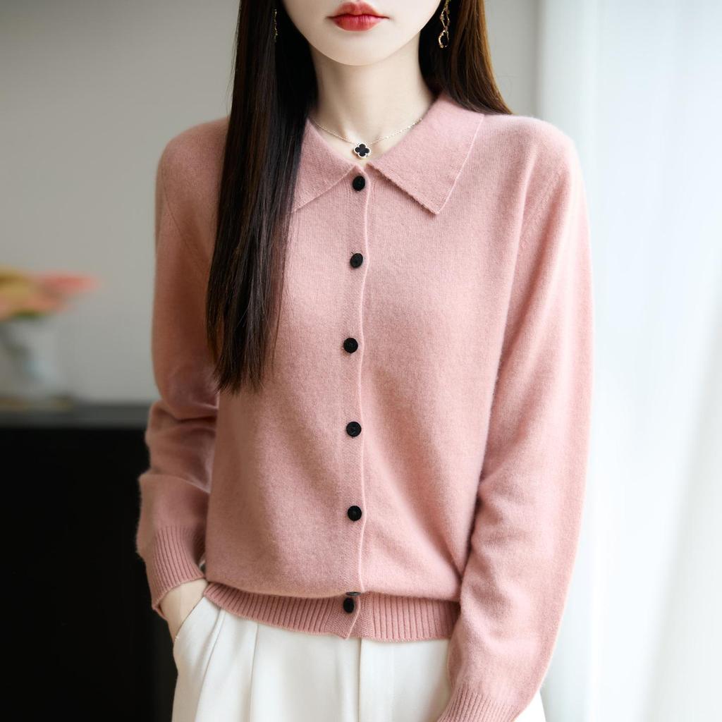 2026 Spring/Summer Women's Polo Collar Knit Shirt Sweater - Loose Long-Sleeved Wool Cardigan Fashion Outerwear