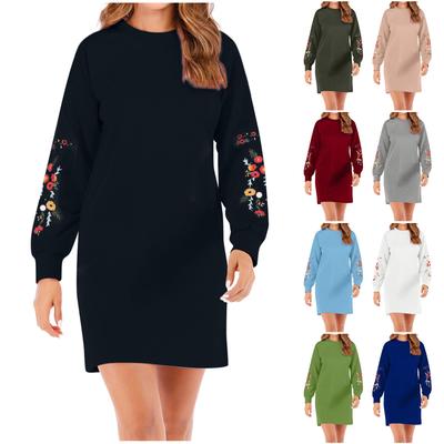 Women Autumn Winter Casual Long Sleeve Floral Embroidery Sweatshirt Dress