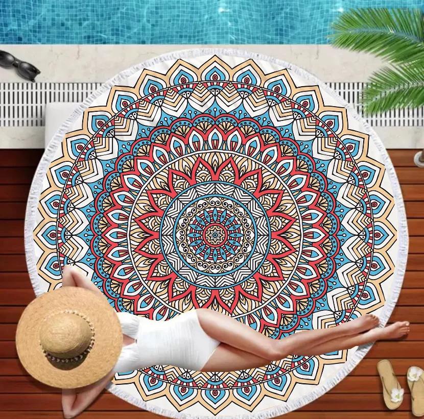 Serviette de Plage Ronde Mandala Marin Monde Sous-Marin Épaisses Serviettes de Douche Bain Microfibre Été Bouée de Natation Tapis de Yoga 3D Avec Pompons