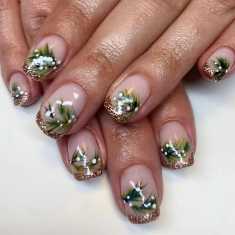 

24pcs Christmas Press On Nails Medium Square French Tip Design Nail Accessories Christmas Tree Full Cover Stick On Nail 1
