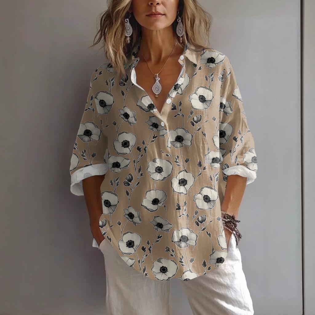 Chemise Pullover Décontractée à Revers et Manches Décontractées Imprimée Ample pour Femmes Printemps et Été