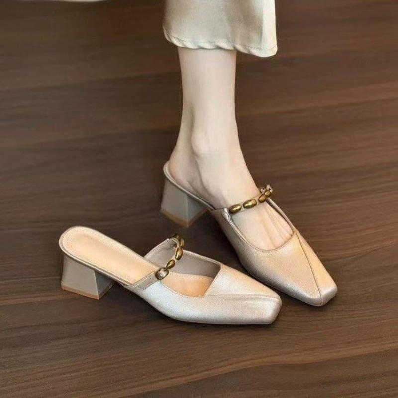 Fashion Block Heel Baotou Slippers Autumn New Square-toe Shallow-mouth Metal One-band Non-slip Kitten Heel Shoes