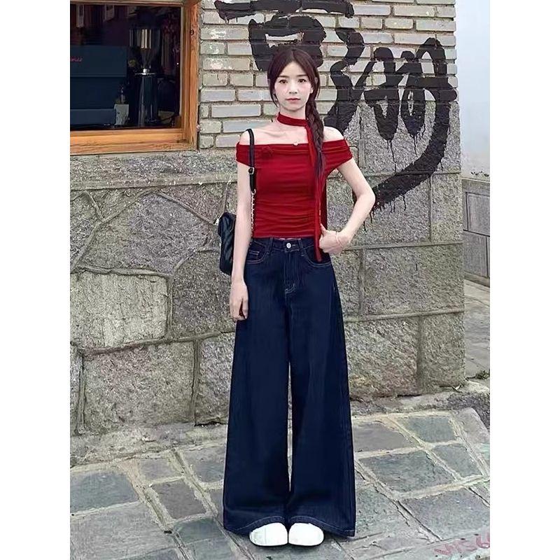 Small American Retro Denim Female 2025 Summer New Arrival Loose High Waist Slimming Straight Wide Leg Mop Pants