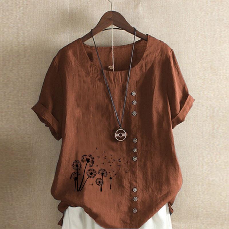 Women's Fashion Black Dandelion Prined Short Sleeve T-shirt Loose Cotton Shirt Casual Loose Summer Plus Size Blouse Tops