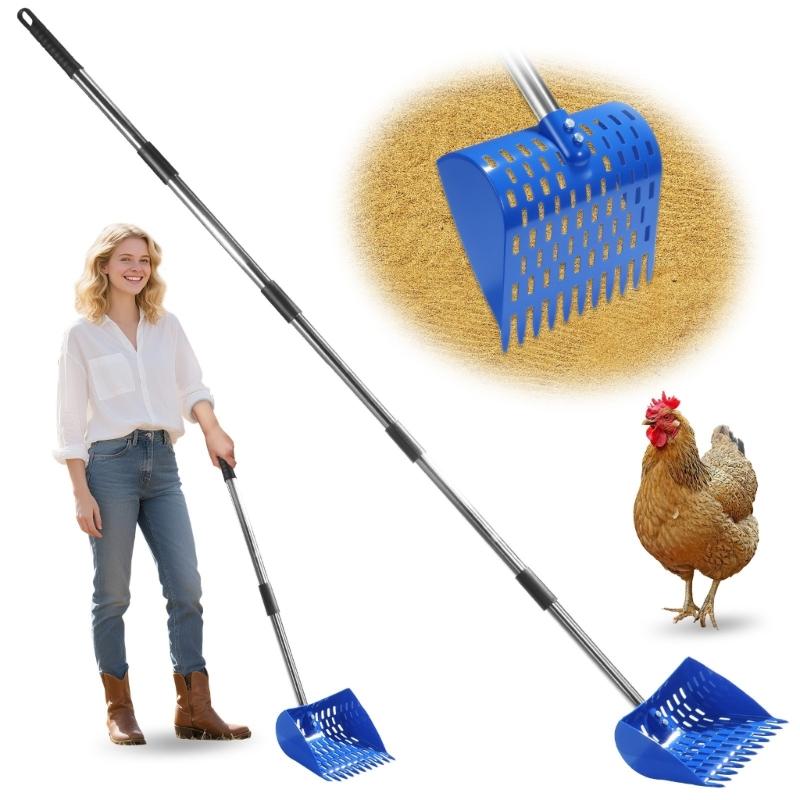 

Chicken Manures Scooper Rakes Sifter Tool With Adjustable Handle For Poultry Coops Cleaning And Compost Management 1