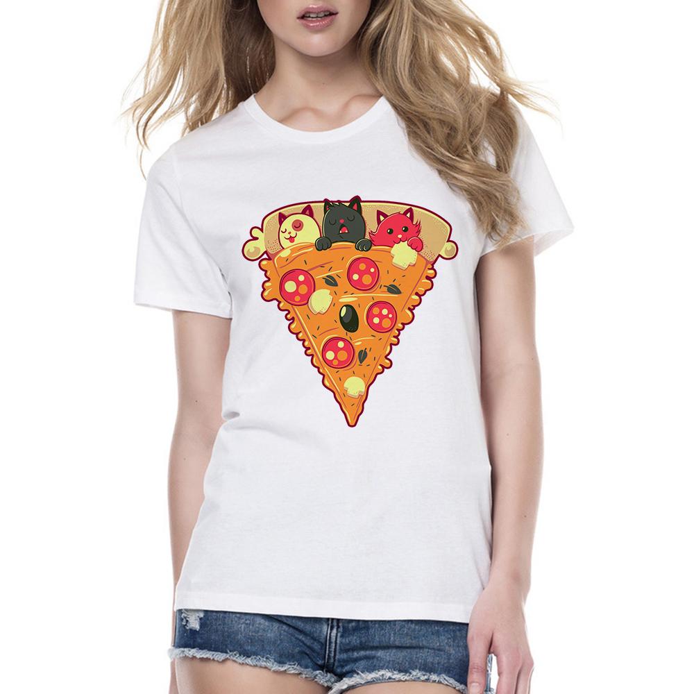 

New Fashion Pizza Cat Print T-Shirt Women Beautiful Casual T-Shirt Cute Kitten Design Tops Girl Fun Tee Hipster Female T Shirt S білий