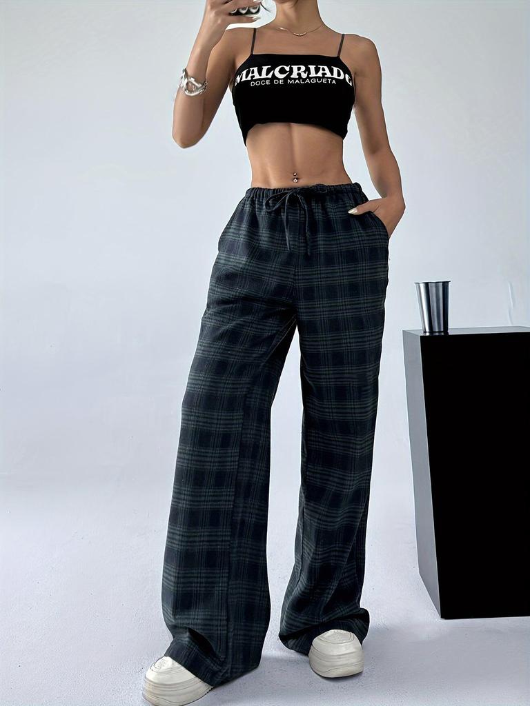 2024 Autumn/Winter Women's High-Waisted Plaid Wide-Leg Pants - Perfect for Back-to-School, Christmas, and Daily Wear