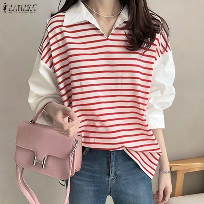 ZANZEA Women Turn Down Collar Casual Stripe Splice 3/4 Sleeve T-shirts Blouse