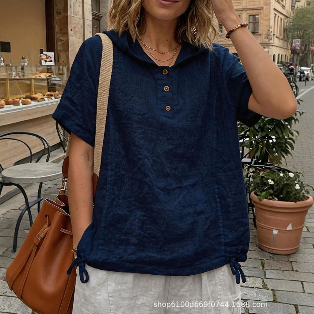 Summer European and American Women's New Solid Color Linen Short-sleeved Shirt Trendy Fashion Business Casual Linen