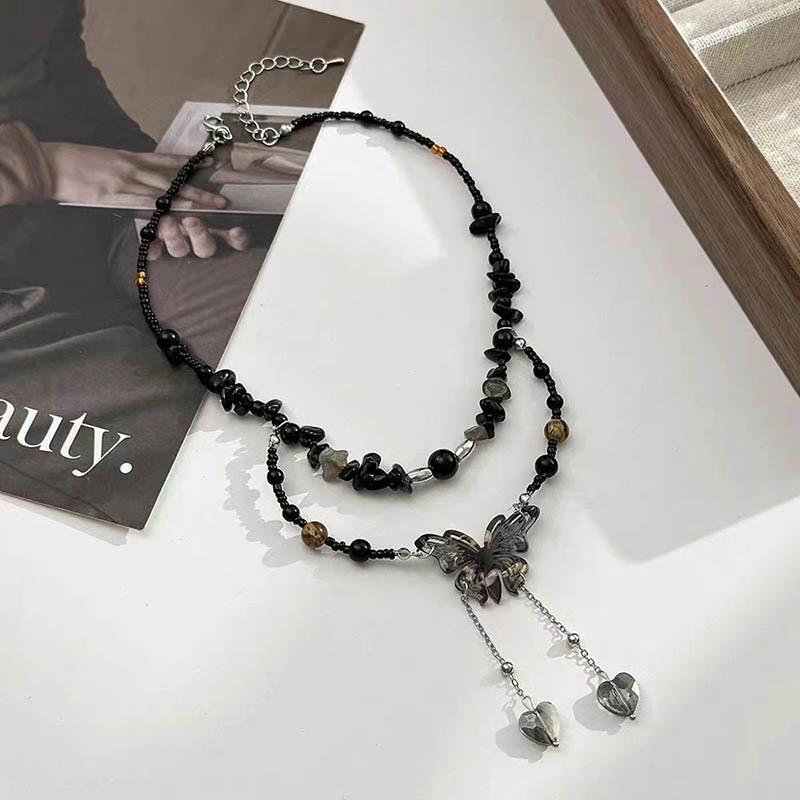 Chinese Butterfly Gravel Beaded Double-Layer Necklace with Tassels - Women's Retro Style Clavicle Chain