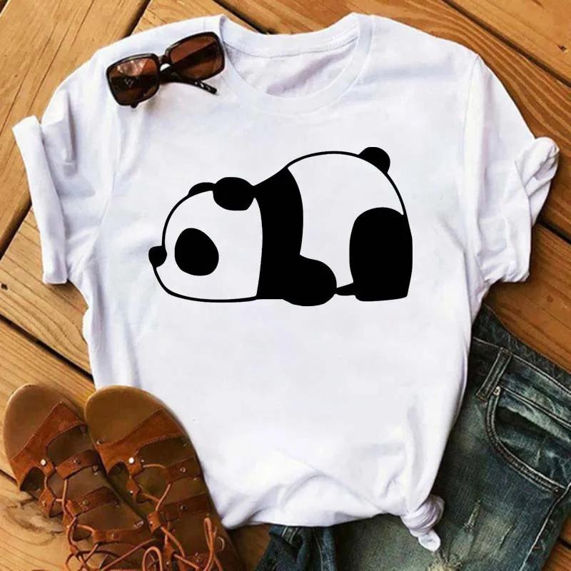 Cute Panda With Sunglasses Graphic Women T-Shirt Minimalist Black Line Animal Print Short Sleeve Casual Streetwear Tee