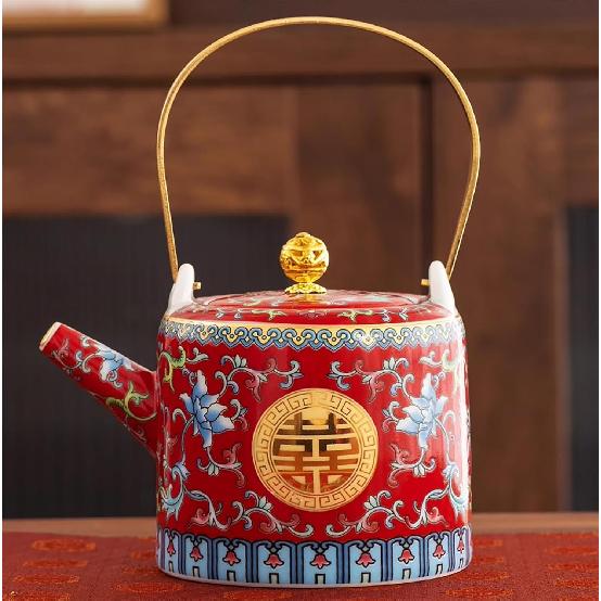 Chinese Double Happiness Red Wedding Tea Set,Porcelain Wedding Tea Set,Beam Handle, Comfortable To Hold,for Newlyweds, Friends Chinese Traditional