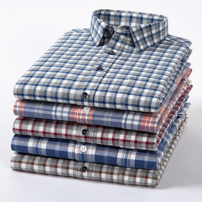 New 100% Pure Cotton Flannel Men's Plaid Shirts Male Business Casual High Quality Long sleeve Shirt for Men Pocket Shirt 4XL 5XL