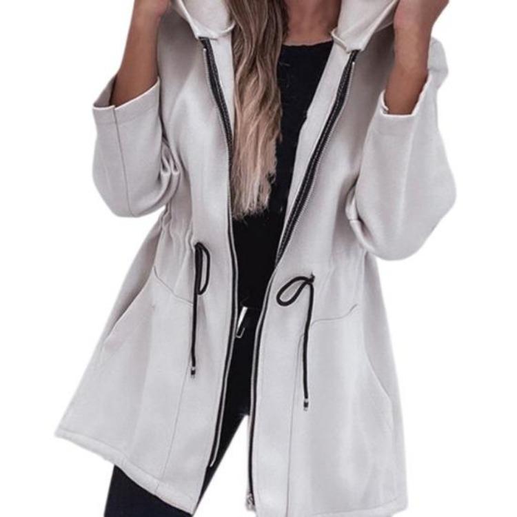 Women Windbreaker Jacket Hooded Thermal Long Sleeve Solid Color with Drawstring Waist Large Pockets Zipper Closure