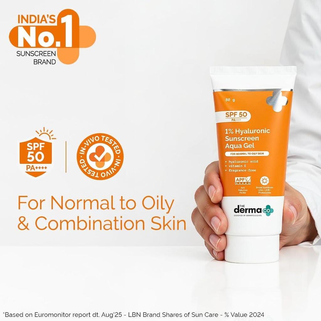 The Derma Co 1% Hyaluronic Sunscreen Aqua Gel | Hydrating, Lightweight & Non-Greasy | Blue Light Protection | 80 g