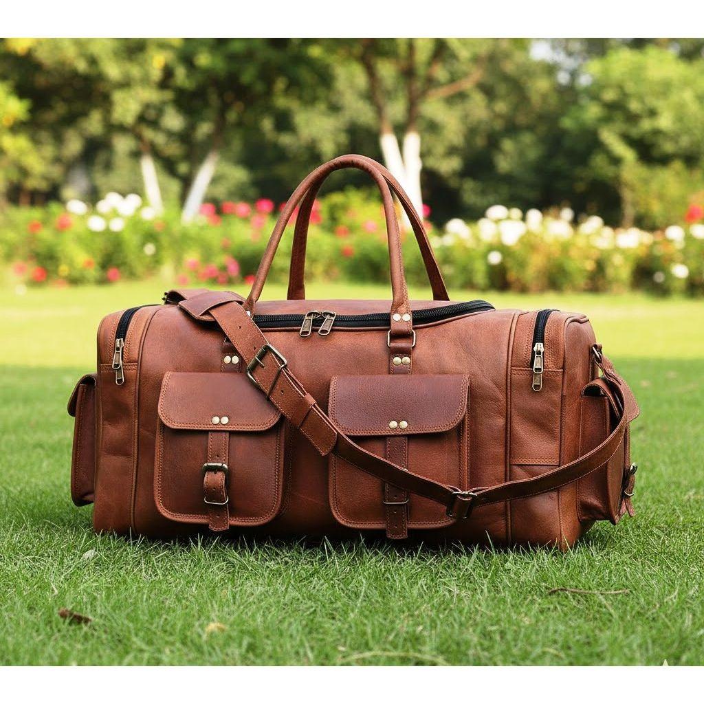 Leather 24 Inch U Zip Holdall Luggage Handmade Duffel Bag Carryall Weekender Travel Overnight Gym Sports Carry On Duffel Bag For Men And Women