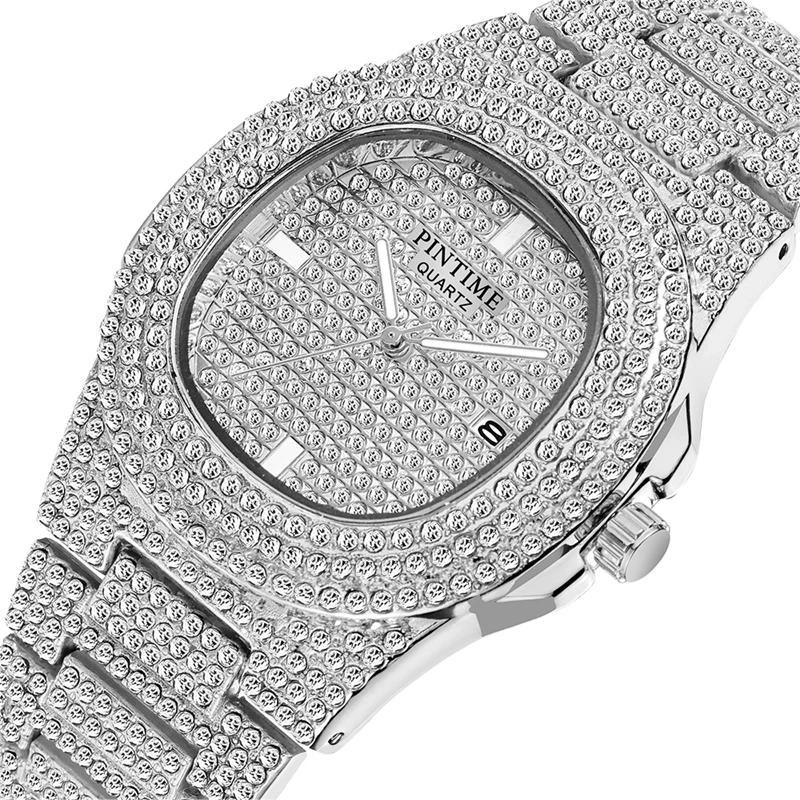 Luxury Quartz Watch For Men Automatic Date Hip Hop Full Iced Diamond Clock Fashion Watch Men Waterproof Square WristWatch