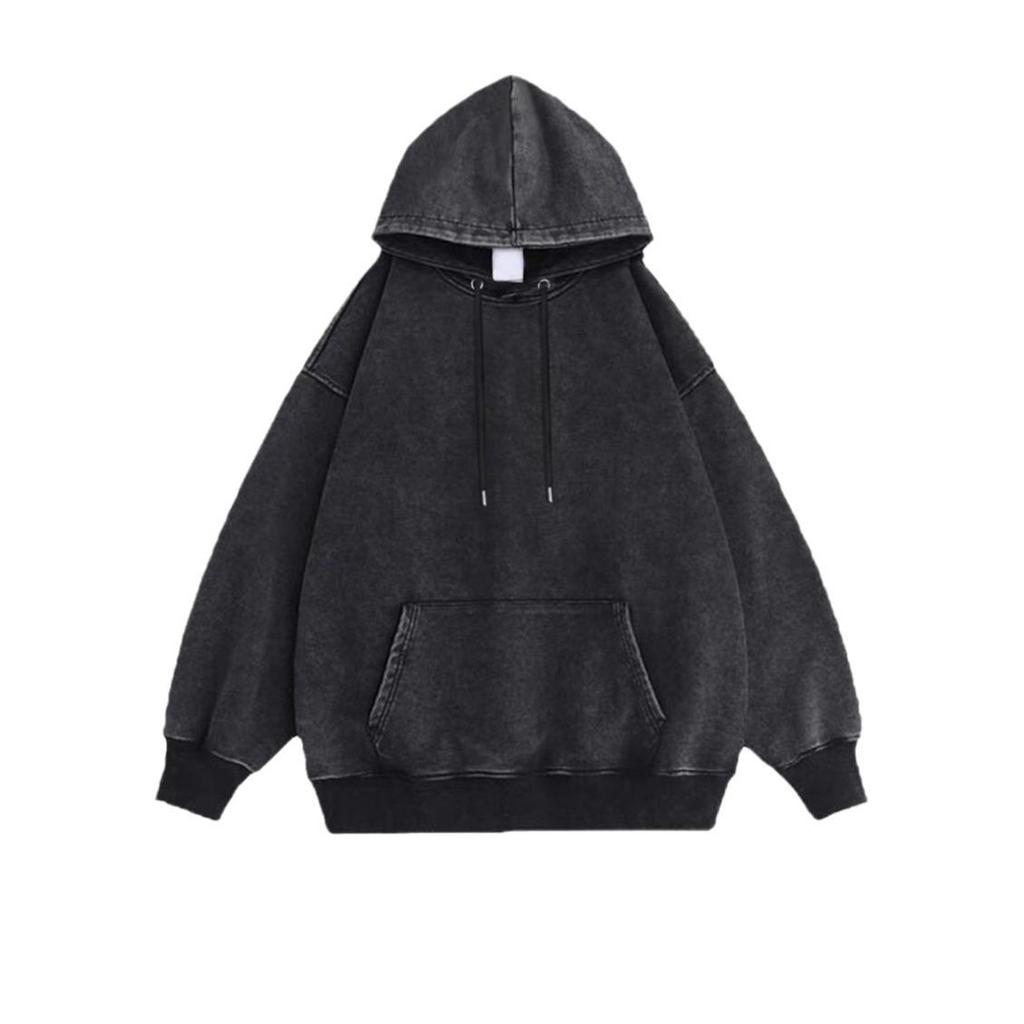 Women's Washed Black Distressed Hooded Sweatshirt - Mid-Length, American Retro, Loose Fit for Autumn and Winter