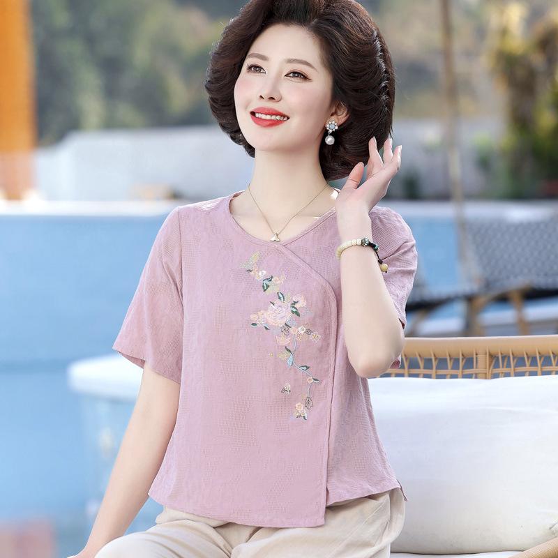 Mid-Aged & Elderly Cotton Linen Embroidered Ethnic T-Shirt