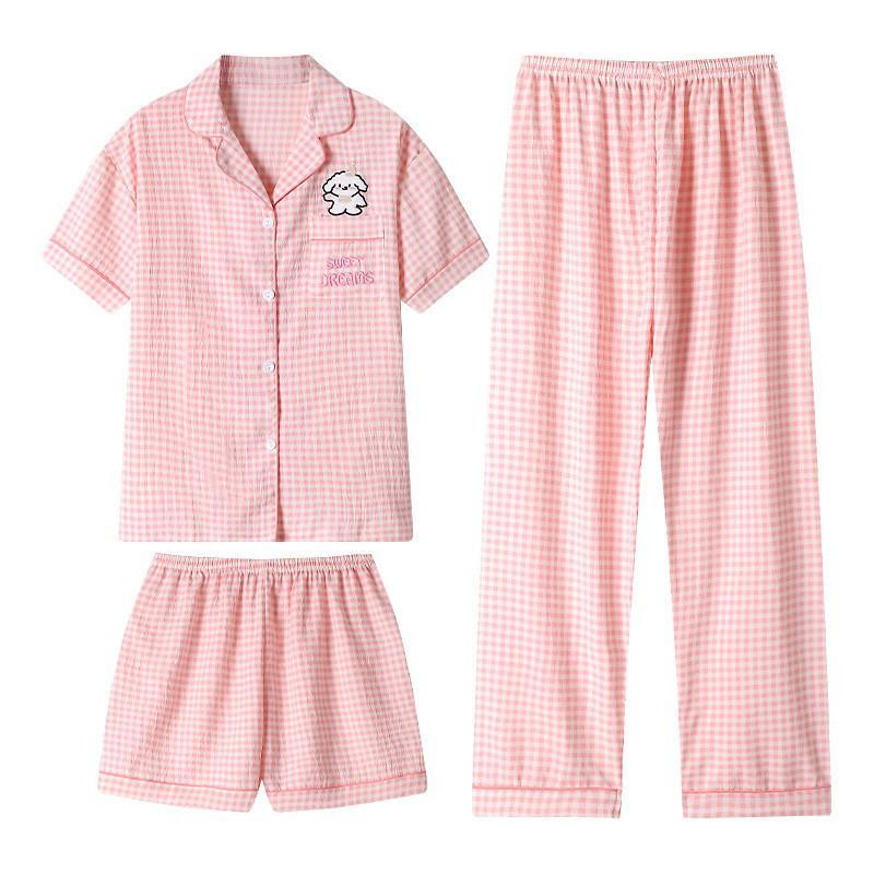 Ins Style Pink Grid Dog Pajamas Set Women Cloud Cotton Short Sleeve Long Pants Loungewear 3pcs