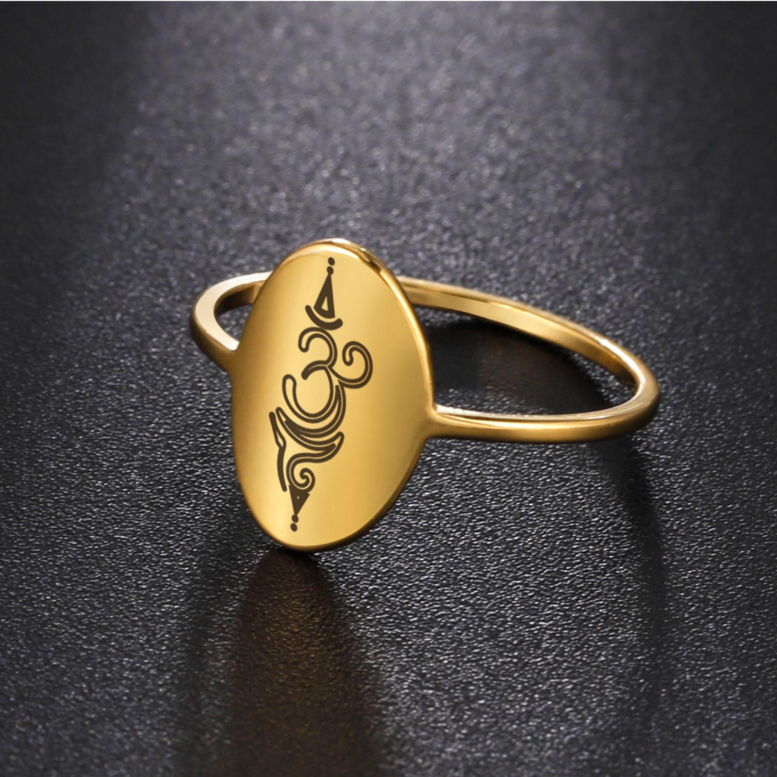 LIKGREAT Yoga Lotus Unalome Symbol Ring Buddhistischer Indischer Om Ring Heilende Anhänger Amulett Geometrischer Ovaler Edelstahl Schmuck 9 beige