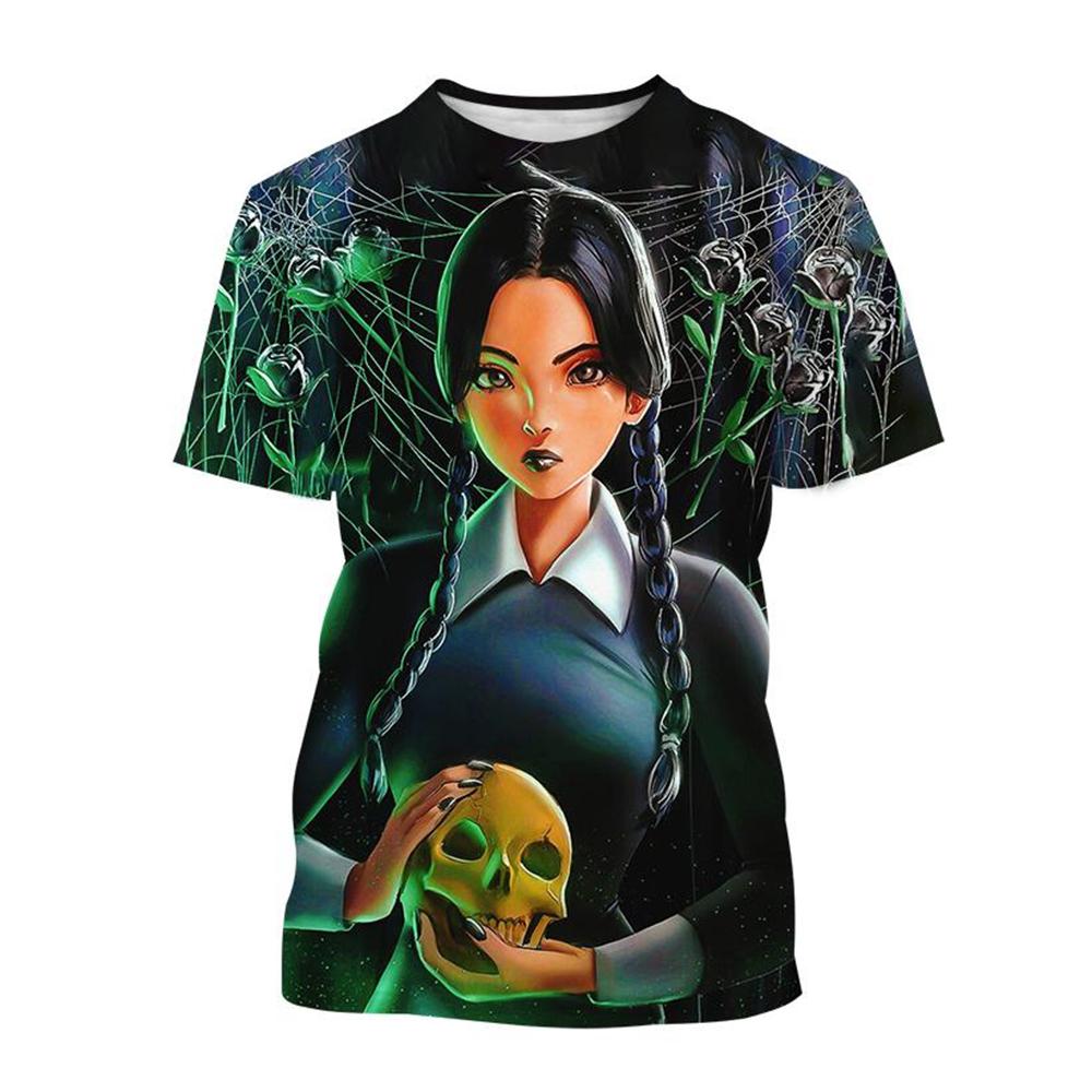 Wednesday Merlina Character Graphic 3D Print Casual Short Sleeved Women's T-shirts - Soft Medium Stretch Polyester Fabric Summer Relaxed Fit Clothing