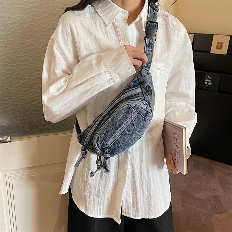 Vintage Denim Chest Bag Women Crossbody Bag Large Capacity Shoulder Bag
