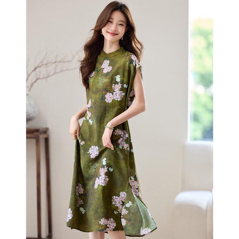 Otif Chinese Style Retro Printed Qipao Dress L