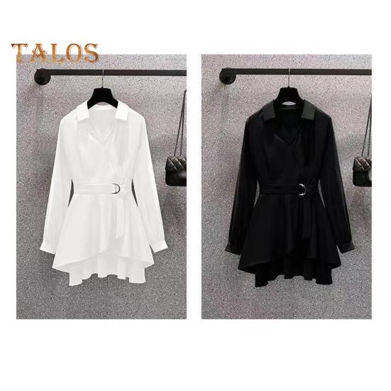 Dámská košile Klopa Dlouhý rukáv Pas Těsný pásek Pulovr Topy Jednobarevný Nepravidelný lem Košile střední délky