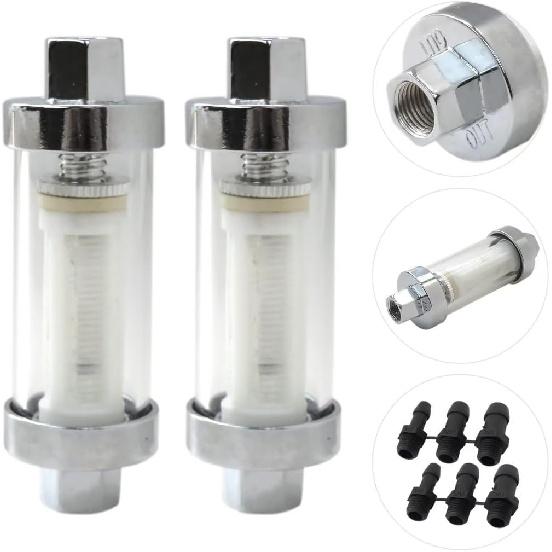 2x Universal 1/4" 5/16" 3/8" Chrome Glass Reusable Washable Inline Fuel Filter for Fuel Petrol Diesel Water Hose Pipe 6/8/10mm