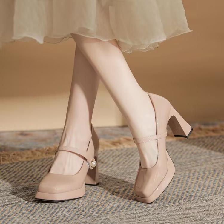 Mary Jane High Heels Damen Frühling Neu Ein-Wort mit Perlen Temperament Nicht Müde Füße Arbeitsschuhe Eckiger Kopf Einzelne Schuhe
