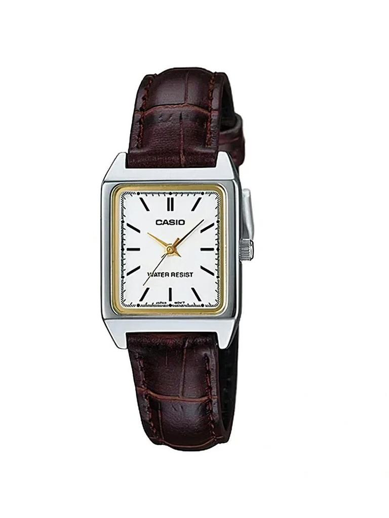 Casio Braunes Lederarmband, weißes Zifferblatt, Damenuhr mit Quarzwerk LTP-V007L-7E2