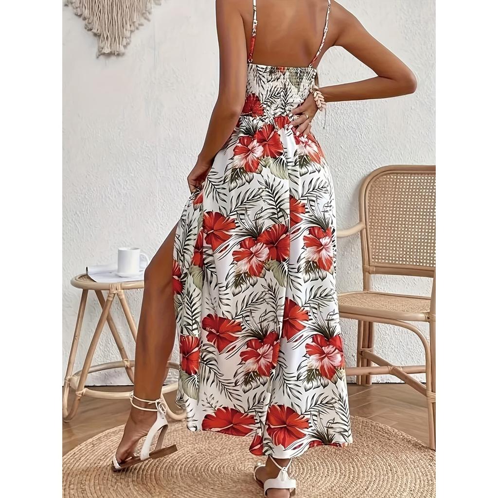 Damenkleid, Bedruckt, Träger-V-Ausschnitt, Häkelstich, Schlitzkleid, Geblümt, Bedrucktes Kleid