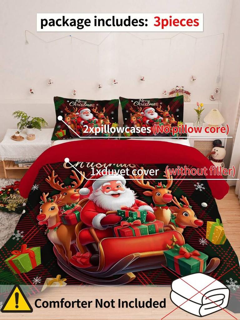 3-teiliges Weihnachts-Bettwäsche-Set:Weich & Bequem Aus Polyesterstoff Weihnachtsmann- & Schlittenmuster Geeignet Für Schlafzimmer