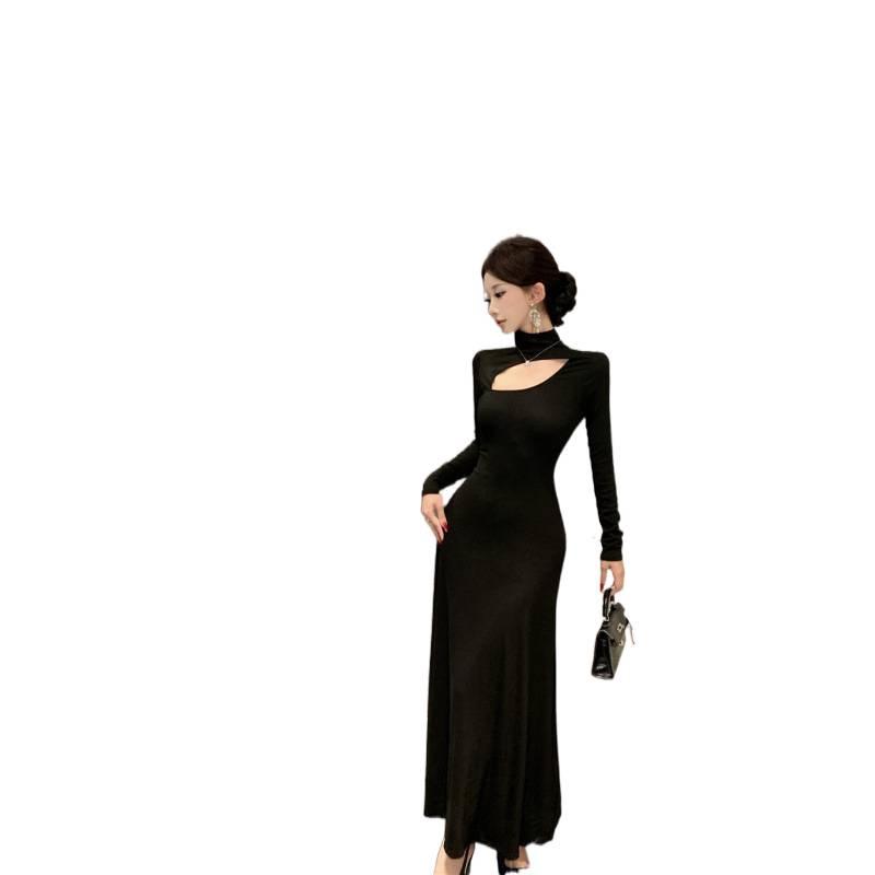 Women's Black Sexy Hollow Long Sleeve Dress with High Collar and Slim Fit
