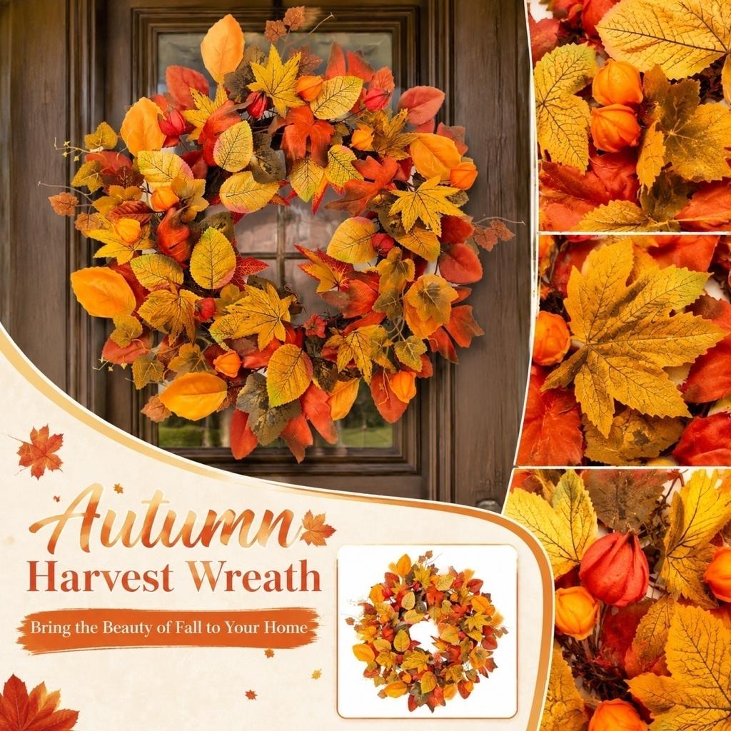 50cm Autumn Maple and Currant Artificial Leaf Wreath with Mixed Leaf Shapes and Berry Accents for Seasonal Home Decoration