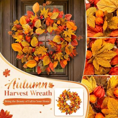 50cm Autumn Maple and Currant Artificial Leaf Wreath with Mixed Leaf Shapes and Berry Accents for Seasonal Home Decoration